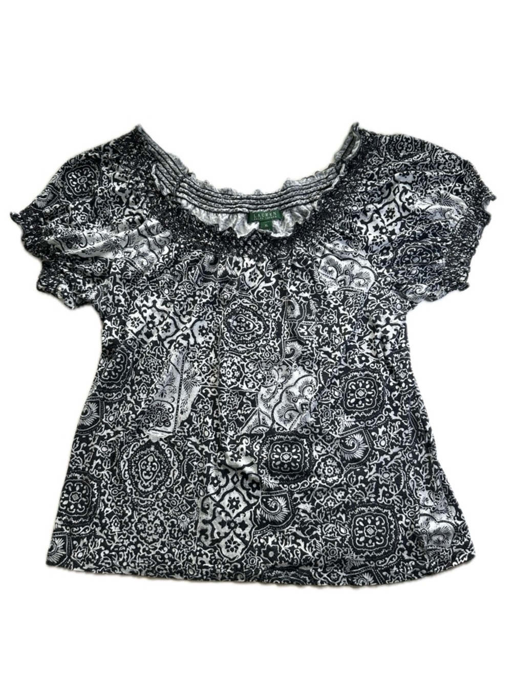 Ralph Lauren Jeans Co Boho Smocked Peasant Blouse Top Round Neck Cap Sleeve XL